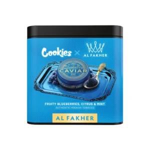 Al Fakher x Cookies Blueberry Caviar shisha tobacco tin on white background