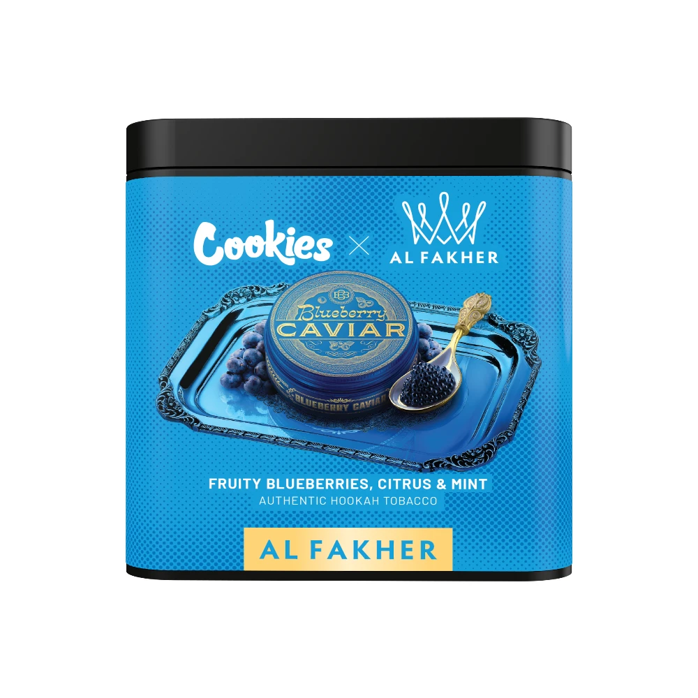 Al Fakher x Cookies Blueberry Caviar shisha tobacco tin on white background
