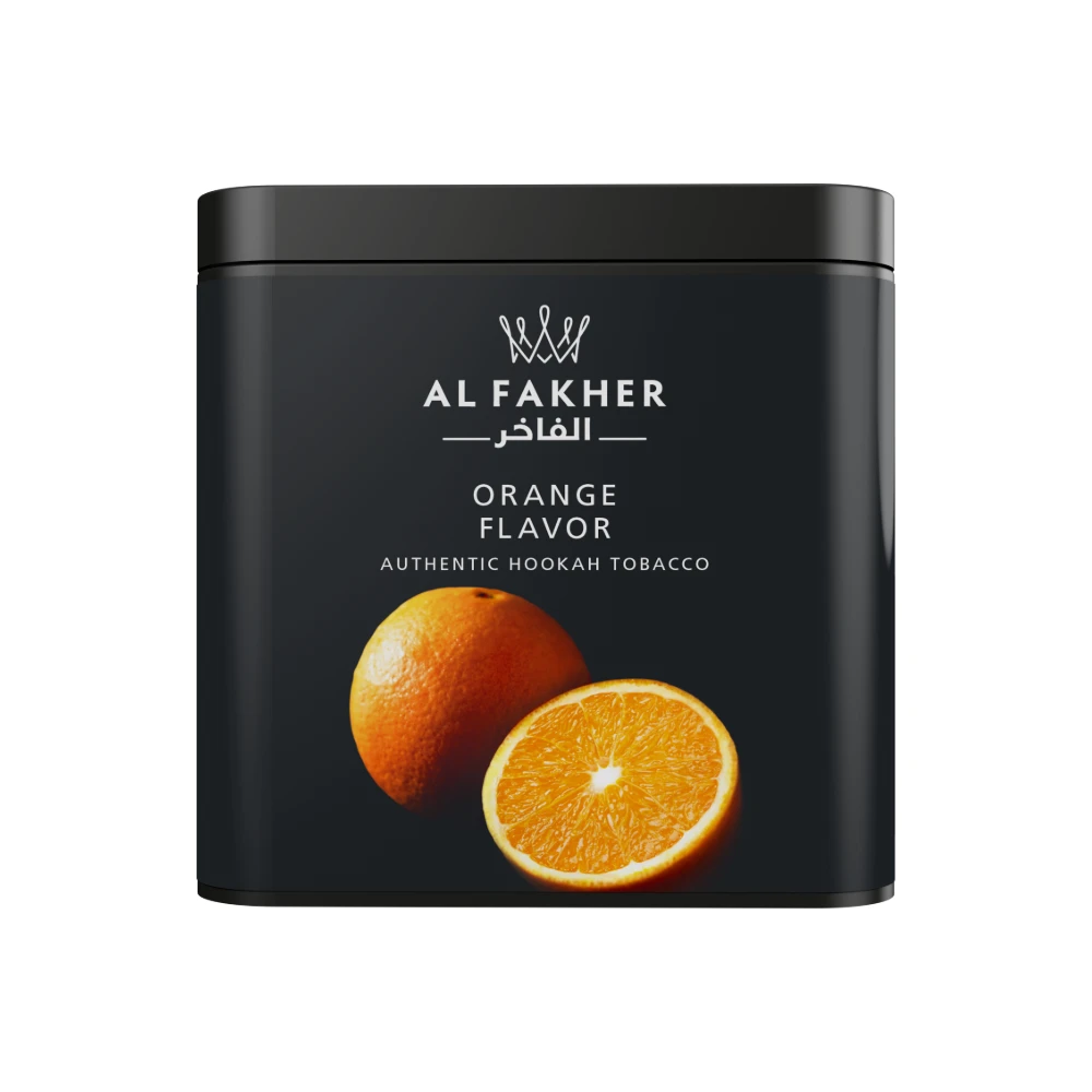 Al Fakher Orange shisha tobacco tin on white background