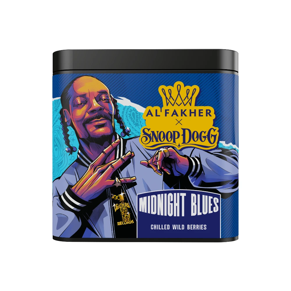 Al Fakher x Snoop Dogg Midnight Blues shisha tobacco tin on white background