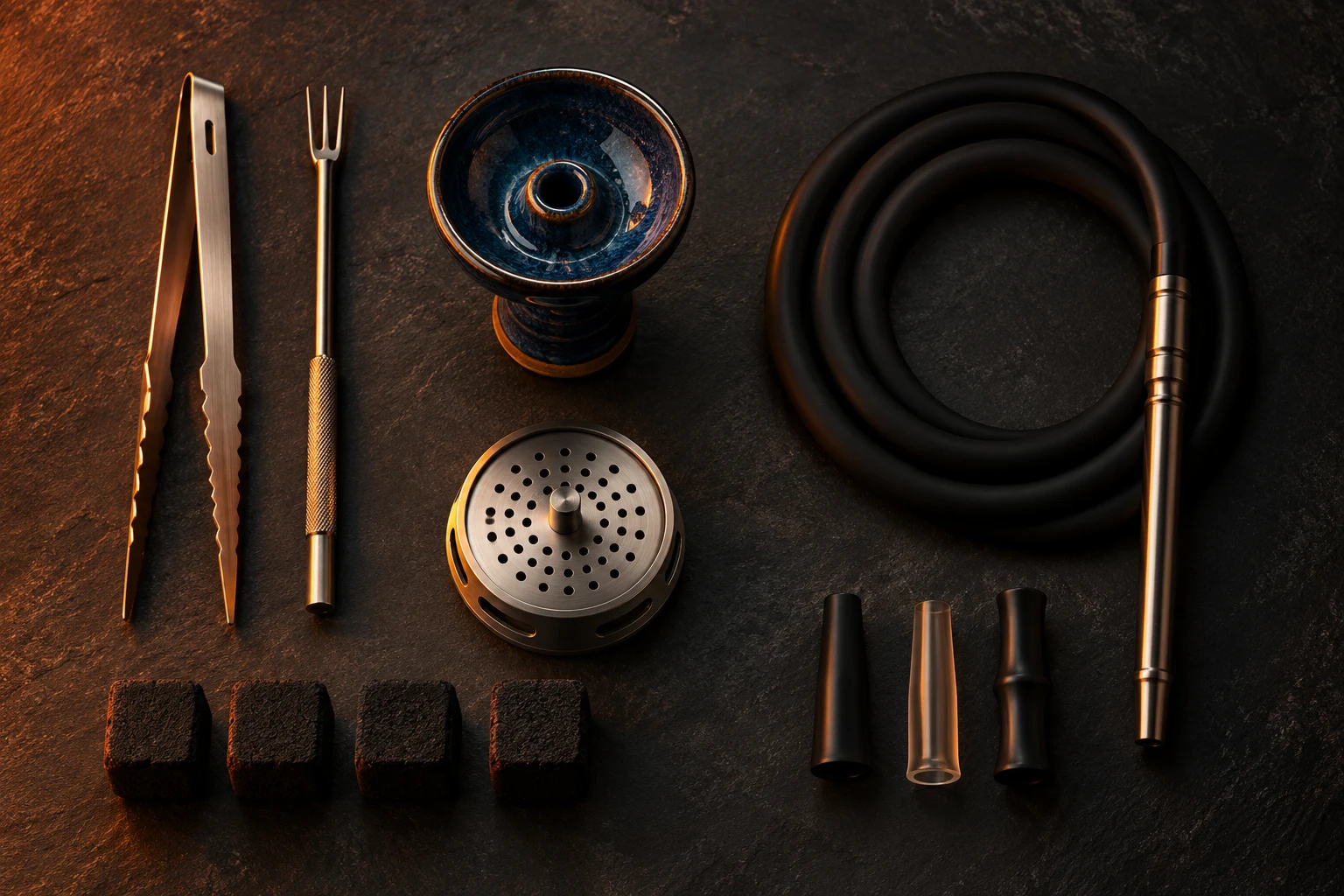 Tongs, fork, bowl and hose laid out on dark stone