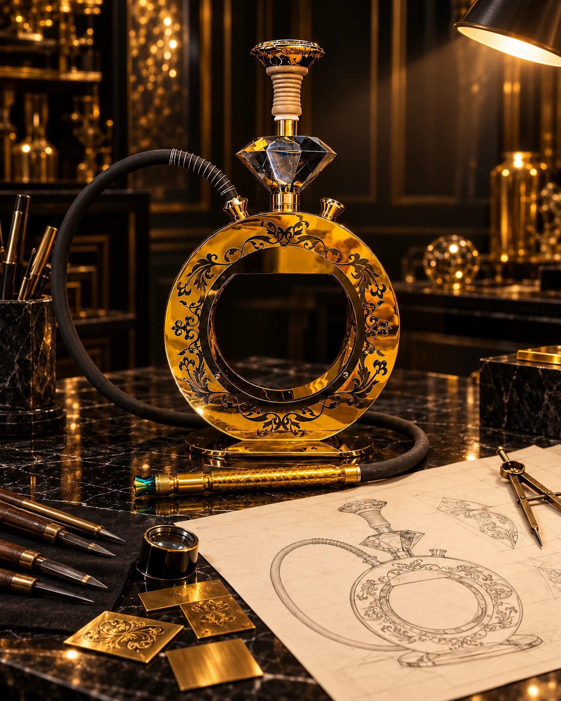 A custom gold hookah with engraved filigree and a crystal centerpiece next to its design drawing