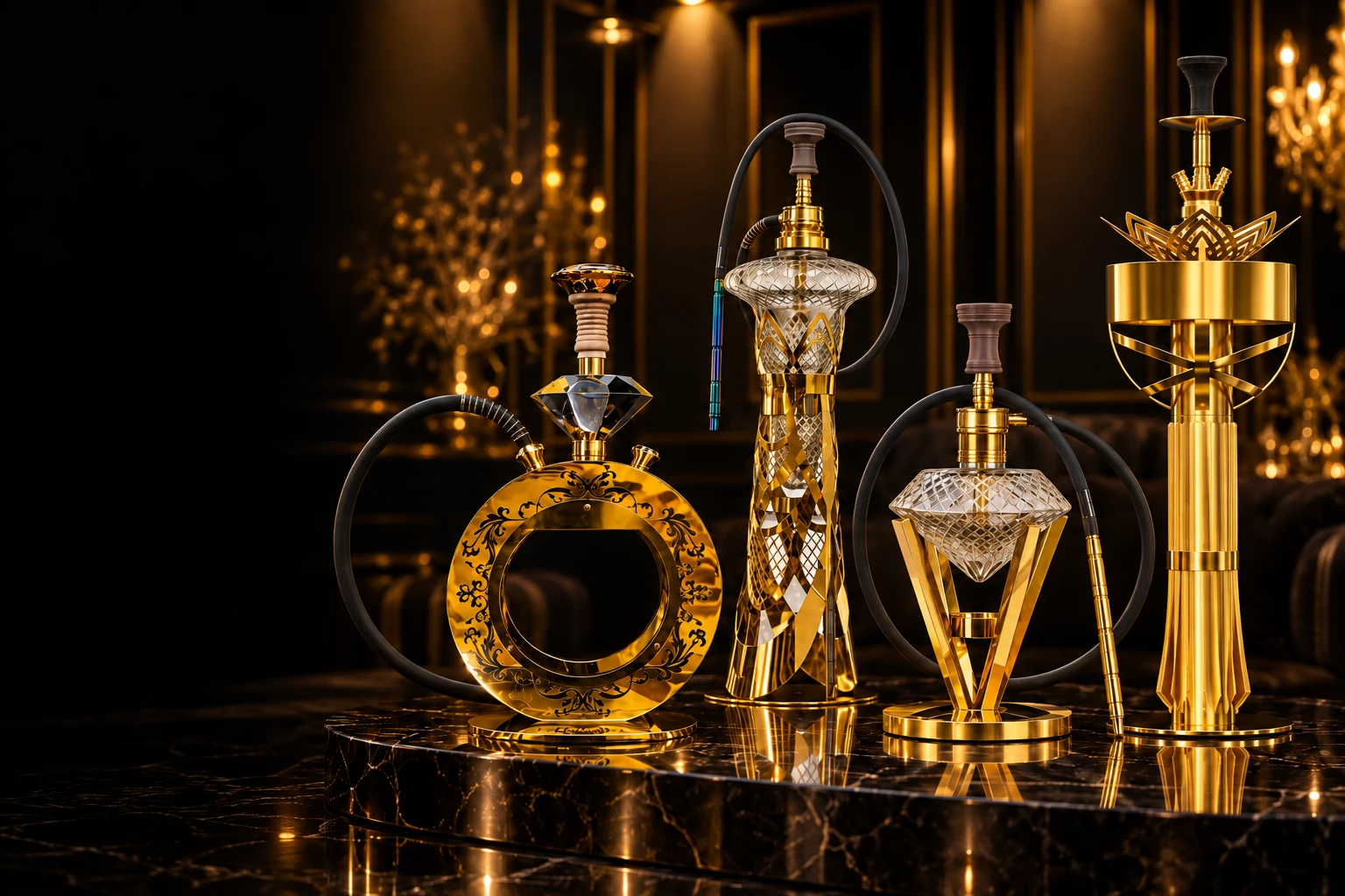 Four made-to-order gold and crystal hookahs lined up on a black marble stage