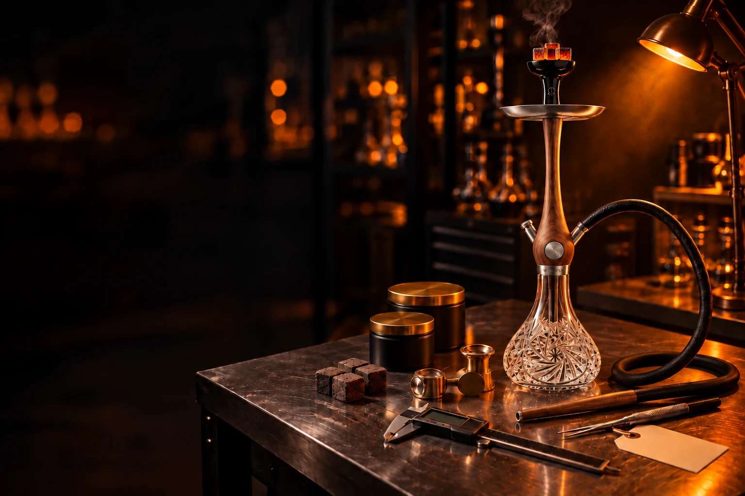 A Wookah walnut hookah with a cut-crystal vase and three glowing coals on an inspection bench, with a caliper, a loupe and sealed shisha tubs
