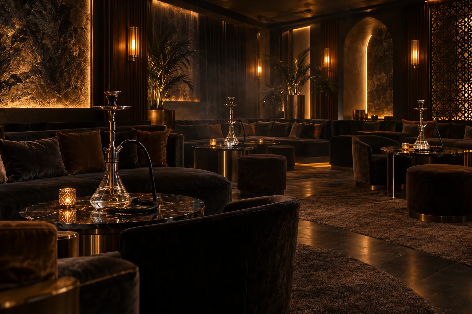Empty hookah lounge with hookahs set on low tables