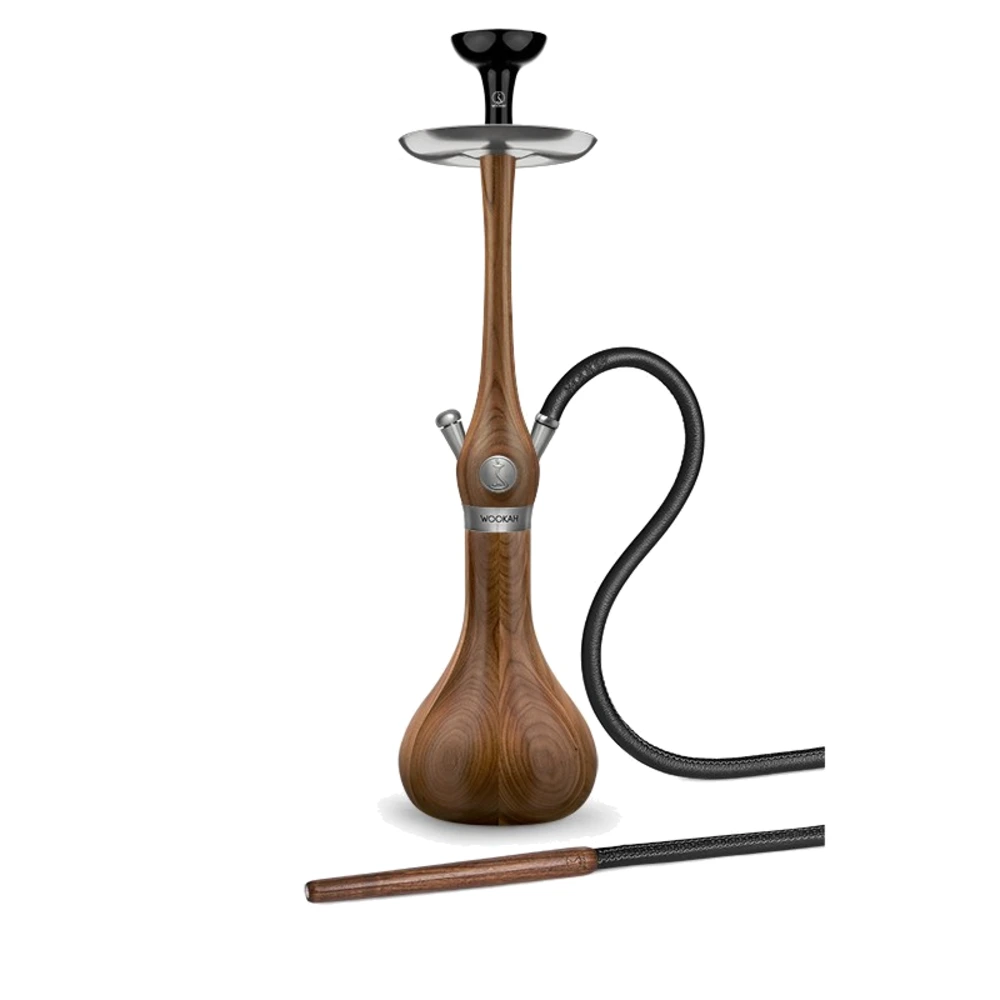 WOOKAH Classic Walnut Set with walnut wood body and wood vase, black leather hose and wooden mouthpiece