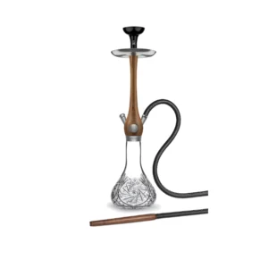 WOOKAH Mill Walnut Set with walnut wood body, Mill-cut crystal vase and brown leather hose