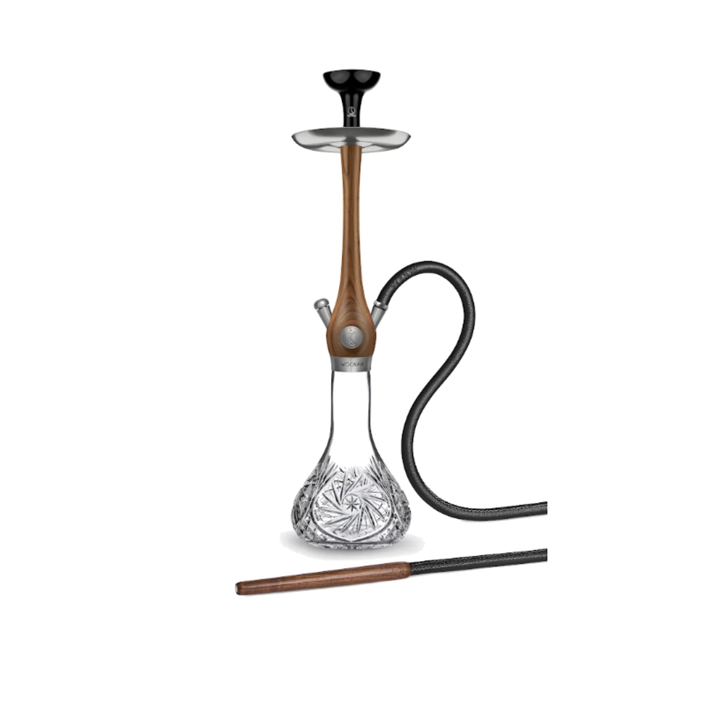 WOOKAH Mill Walnut Set with walnut wood body, Mill-cut crystal vase and brown leather hose