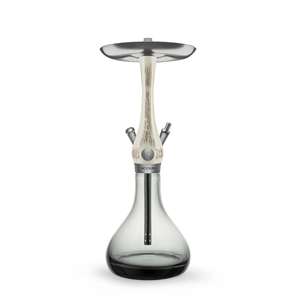 WOOKAH Mini Smoky Taupe hookah with taupe wood body and smoky grey glass vase