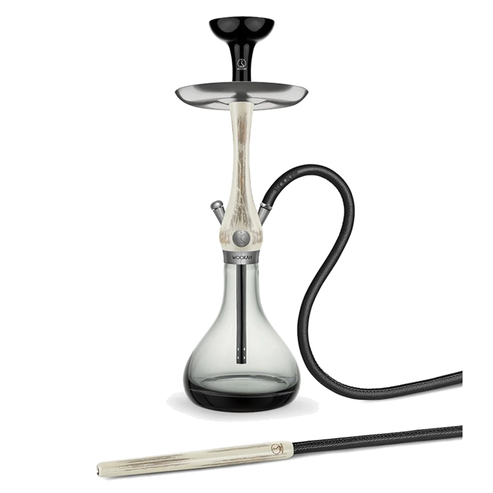 WOOKAH Mini Smoky Taupe Set with taupe wood body, smoky smooth vase and black leather hose