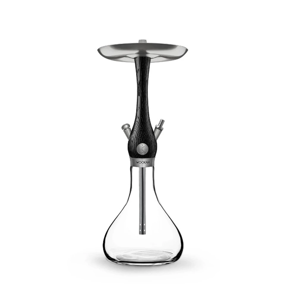 WOOKAH Mini Smooth Nox hookah with black carved wood body and clear glass vase