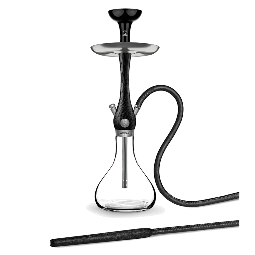 WOOKAH Mini Smooth Nox Set with black Nox wood body, smooth glass vase and black leather hose
