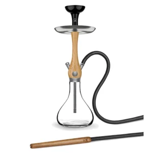 WOOKAH Mini Smooth Oak Set with oak wood body, smooth glass vase and black leather hose