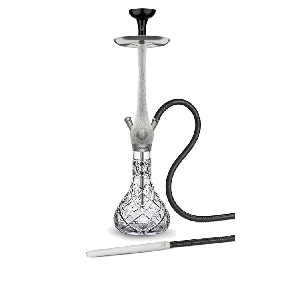WOOKAH Olives White Nox Set with white Nox wood body, Olives-cut crystal vase and black leather hose