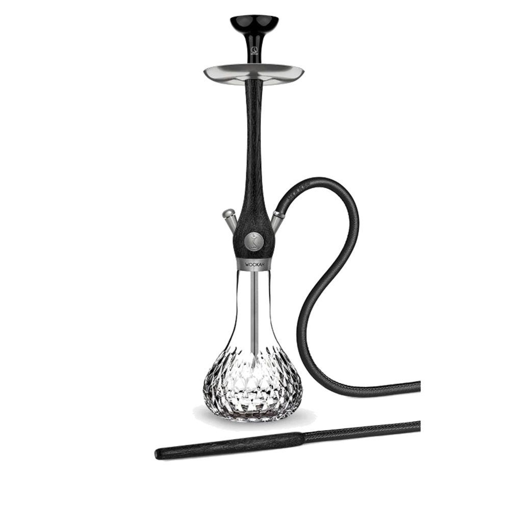 WOOKAH Pinion Nox Set with black Nox wood body, Pinion textured vase and black leather hose